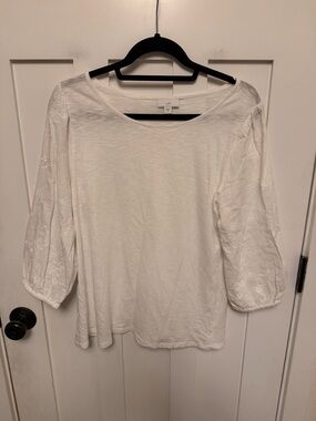 J. Jill White Puff Sleeve Embroidered Top Cotton Small Lightweight Blouse